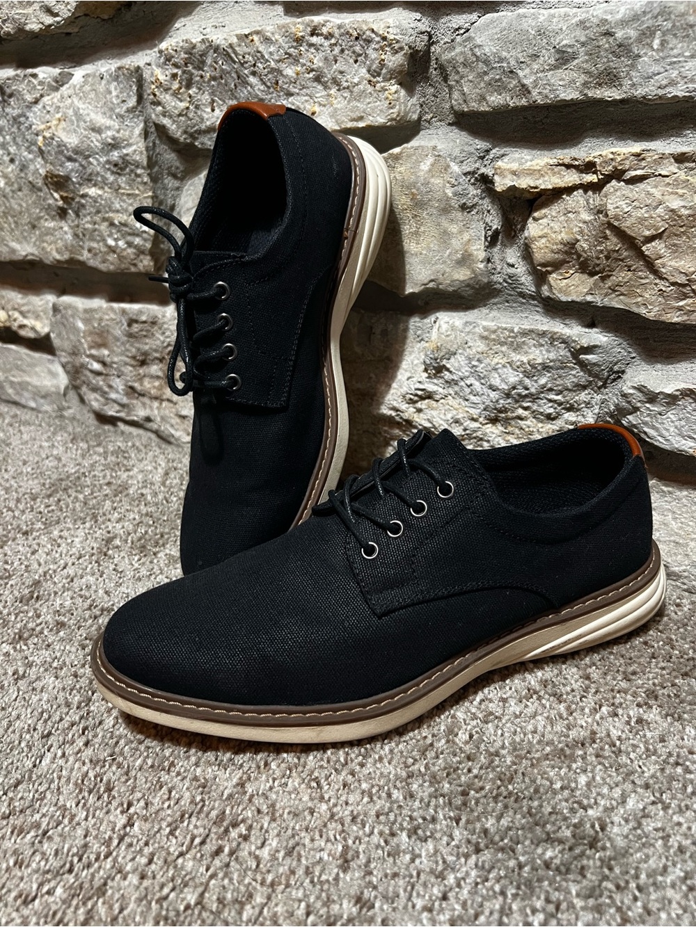 Perry Ellis Black Canvas Derby Shoes with Cream Soles